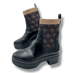 GUESS Women's Keanna Knit Detail Pull-On Lug Sole Faux Leather Chelsea Boots 8.5